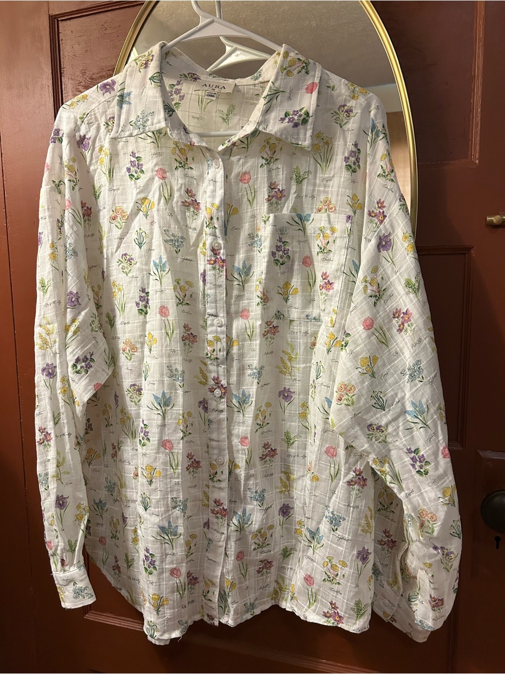 Aura White Floral Button-Up Blouse with Pink, Yellow, Purple & Green Accents